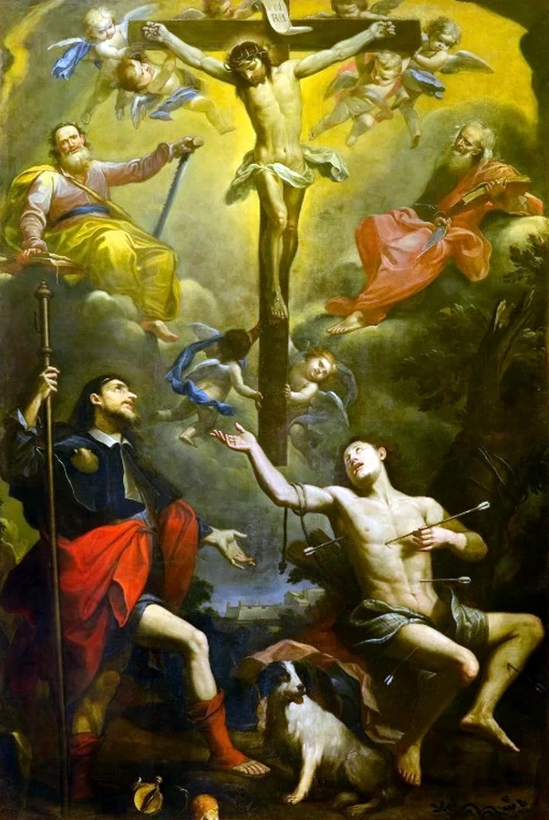 Giovanni Anastasi - Crocifissione tra i Santi Apostoli Simone e Giuda, e Santi Rocco e Sebastiano, Pinacoteca Diocesana (Senigallia)